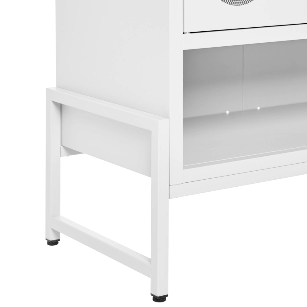 Credenza in acciaio con 2 ante ovali traforate e 5 ripiani bianco menta stile industriale moderna