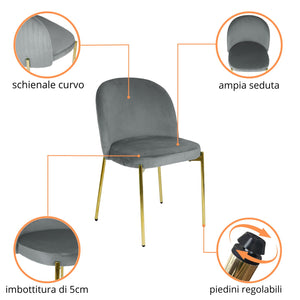 Sedia in Velluto con Gambe Oro Chiara Sedie in Metallo Dorato Poltroncina con Seduta Imbotti 4 SEDIE CHIARA GRIGIO / ORO