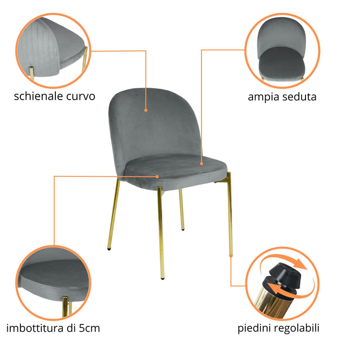 Sedia in Velluto con Gambe Oro Chiara Sedie in Metallo Dorato Poltroncina con Seduta Imbotti 4 SEDIE CHIARA GRIGIO / ORO