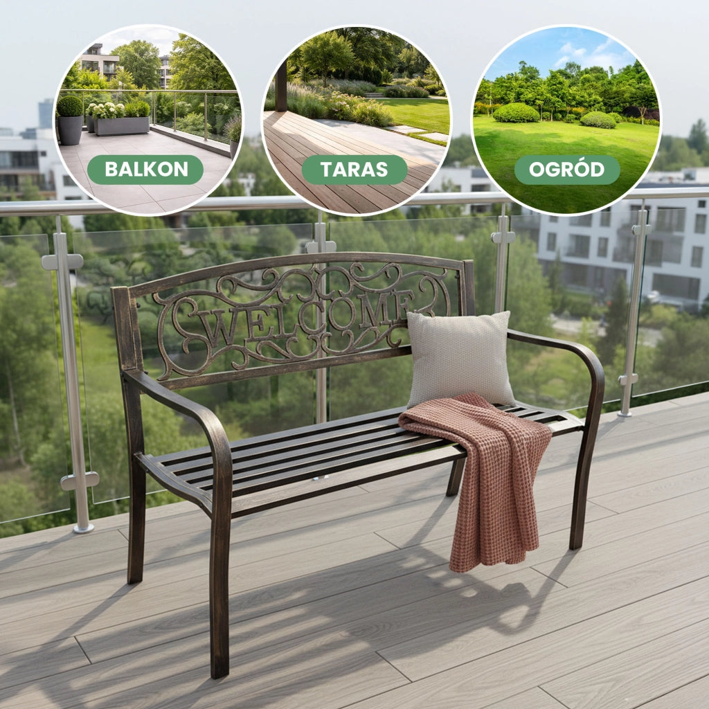 Panchina da giardino bruna IRYS con gambe in acciaio e schienale in ghisa larghezza 127 cm