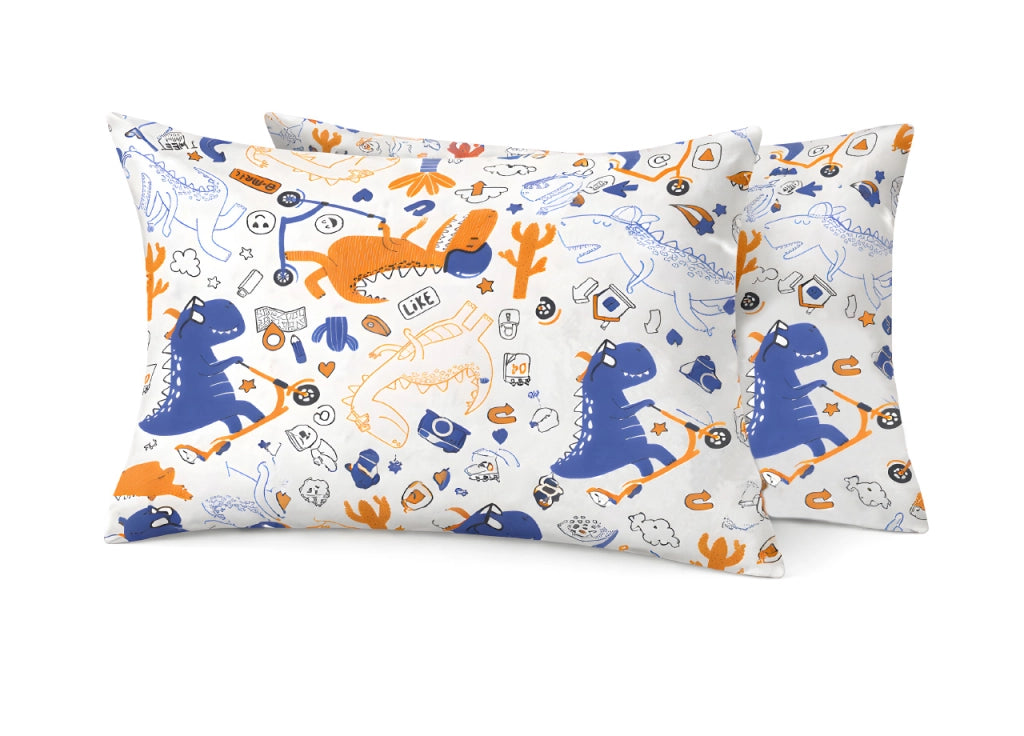 Coppia Federe Cuscino Letto Con Bottoni Laterali 100% Cotone Disegno Dino GI