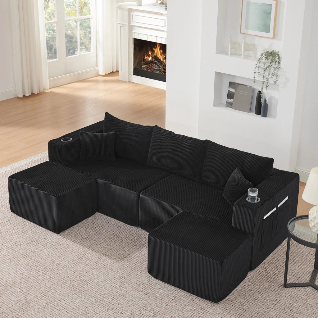 Divano angolare modulare 3 posti con pouf mobili portabicchieri tasche laterali e cuscini in velluto a coste nero