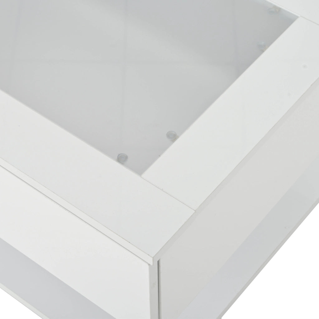 Tavolino da salotto 100x50x35 cm; 2 cassetti con LED e piano in vetro temperato; truciolare bianco