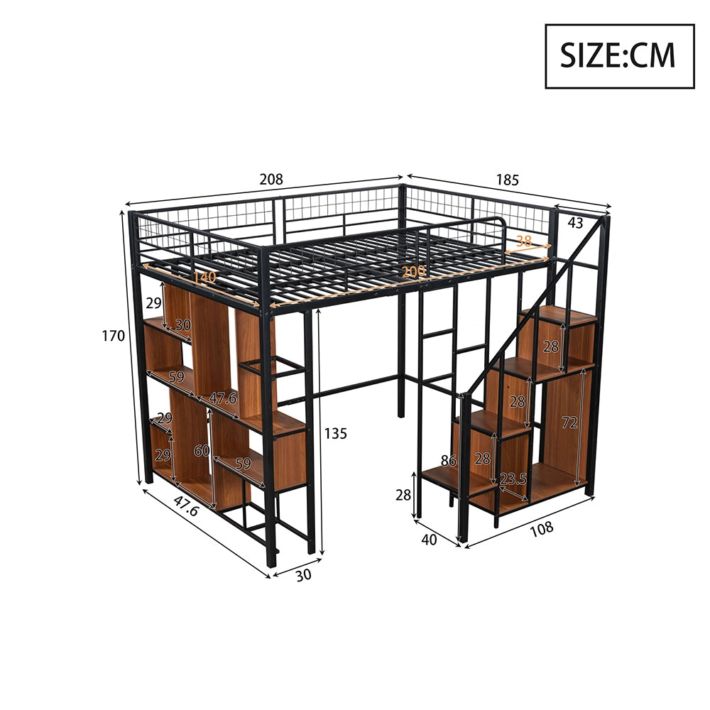 Letto a soppalco multifunzionale - Xylo - 140x200 cm - Nero - Con spazio di archiviazione e scala