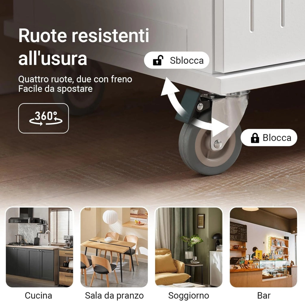 Carrello cucina con ruote, piano in legno di gomma, mobile cucina salvaspazio in MDF, isola cucina moderna – Ideale per cucina, sala da pranzo o ristorazione – 74x91x46 cm, FKW119-WN