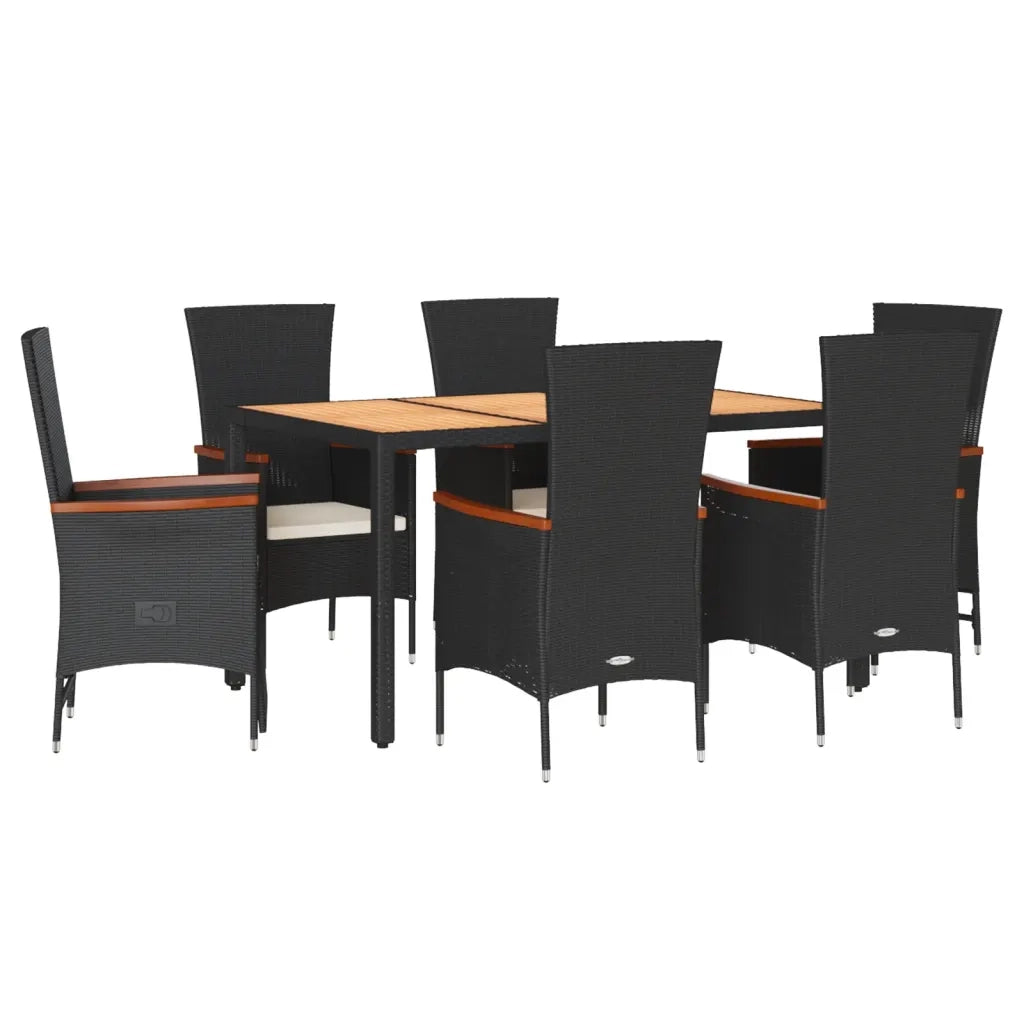Set da Pranzo da Giardino 7 pz Nero con Cuscini in Polyrattan