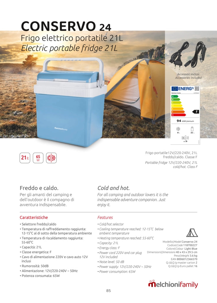 Melchioni Family CONSERVO 24 - Frigo elettrico portatile, Interruttore caldo/freddo, 12/220-240V, 21L, Azzurro [Classe di efficienza energetica A]