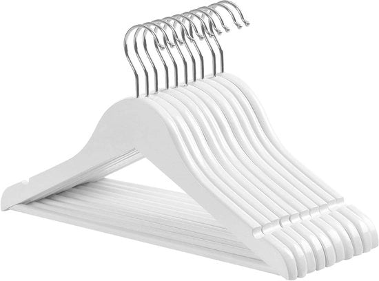 Hanger per bambino in legno massello - 10 pezzi di appendiabito per bambini con maniglie anti-slip e fori di aggancio - 35 x 12 x 20 cm - Bianco