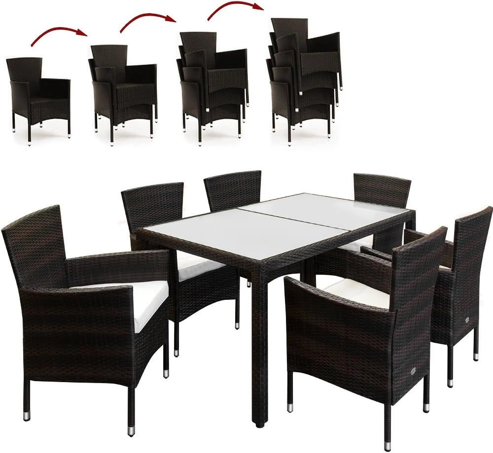Deuba Salottino in Polyrattan Set Mobili Giardino 6 Sedie Impilabili Cuscini 7cm Tavolo 150x90x74cm