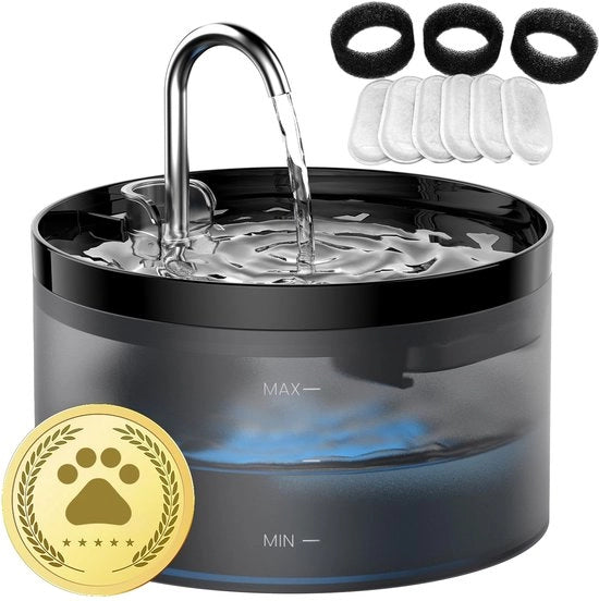 Fonte per gatti - 64 oz - LED luce estremamente silenziosa - Serbatoio acqua trasparente - Incluso 6 filtri + 3 filtri schiuma - Nero