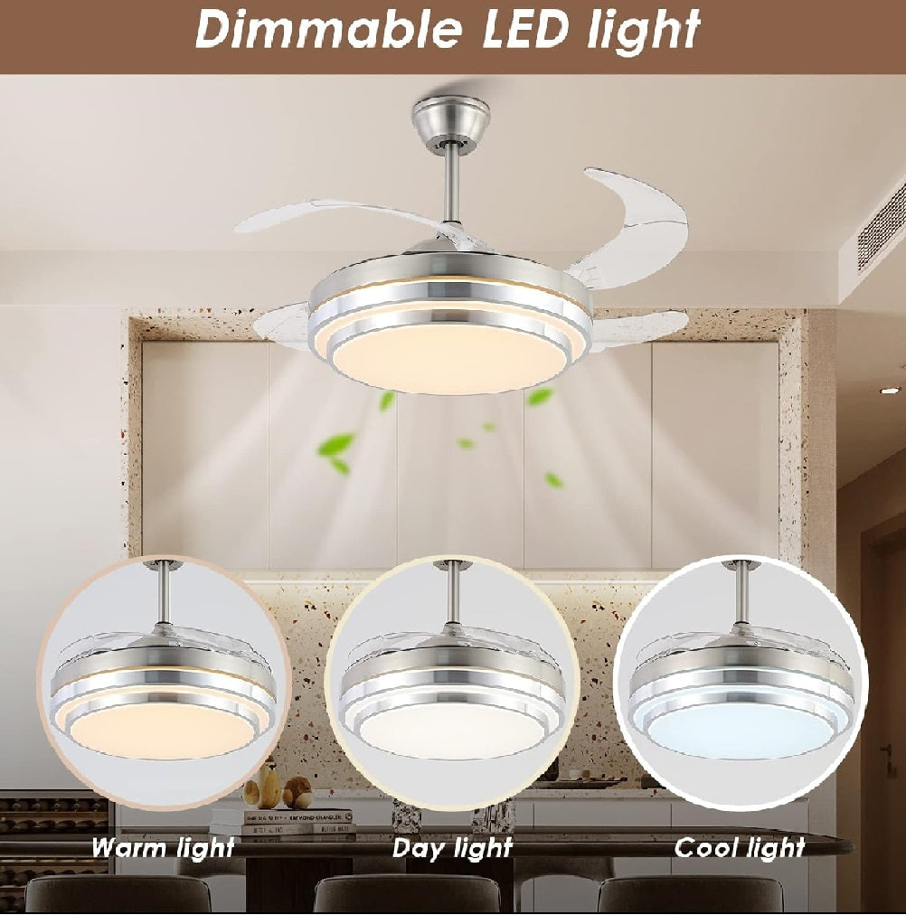 Ventilatore da Soffitto 68W Luce Led 4Pale Richiudibili Dimmerabile Telecomando