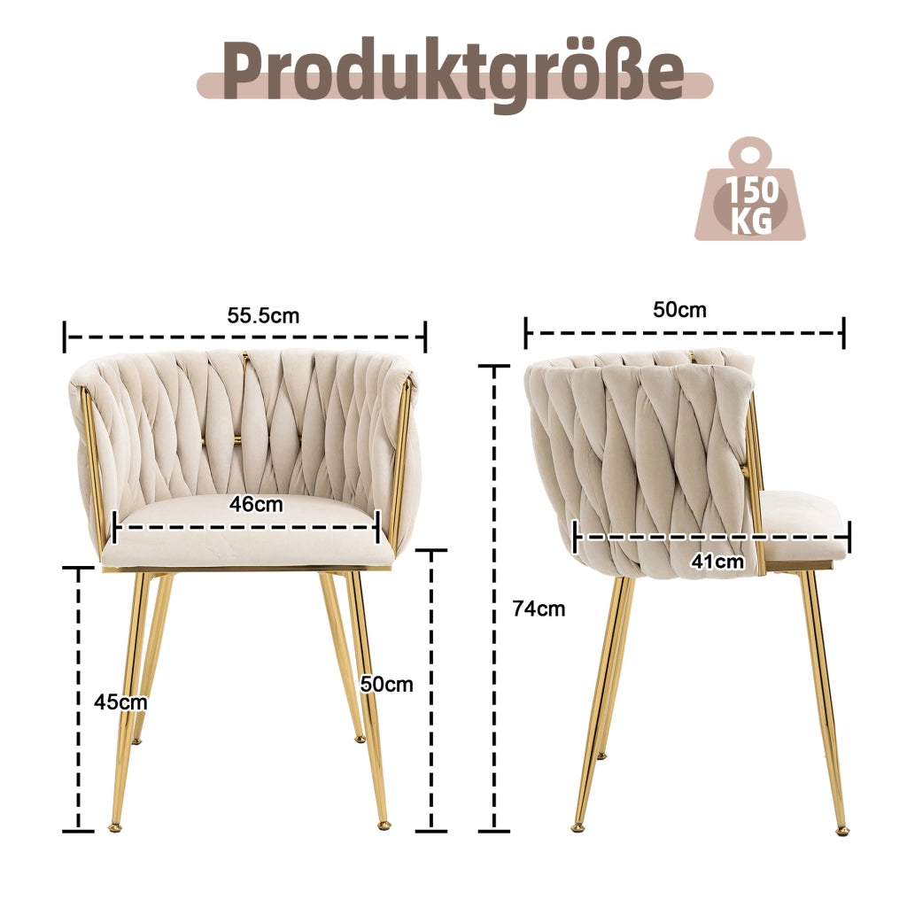 Sedia imbottita in velluto color avorio con gambe in metallo dorato, design curvo e struttura stabile