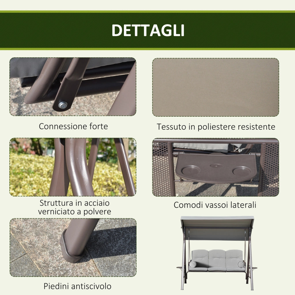 Dondolo da Giardino 3 Posti 208x121x172 cm con Tetto Regolabile Portabicchieri e Cuscini in Metallo e Tessuto Grigio