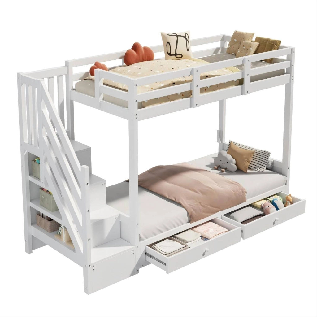 Letto a soppalco per bambini 90x200 cm con divano, scale contenitore e 2 cassetti bianco
