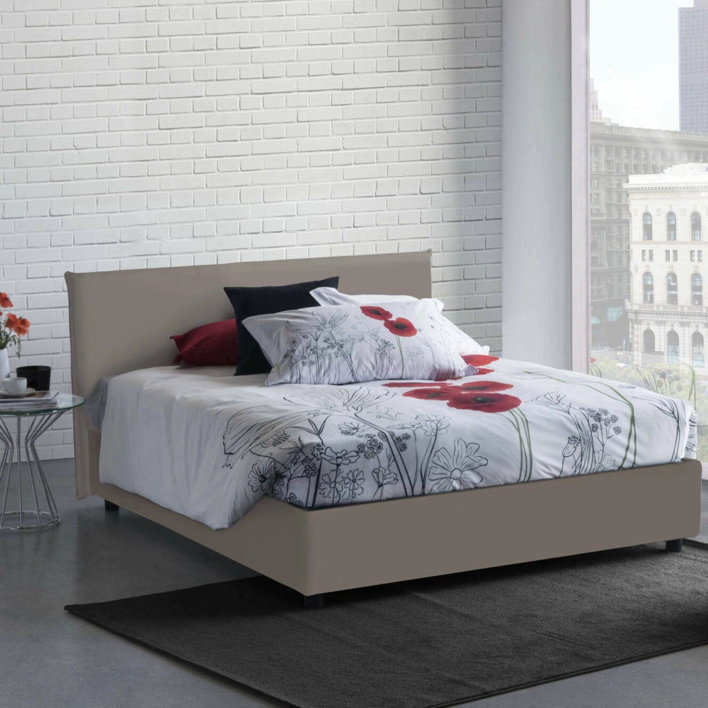 Letto matrimoniale Argain, Letto contenitore con rivestimento in ecopelle, Made in Italy, Apertura frontale, con materasso cm 140x190 incluso, Tortora