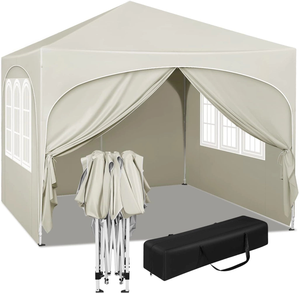 Gazebo Pieghevole da Giardino, Gazebo Idrorepellente Pop Up da 3x3m Pannelli Laterali, Tendone Esterno, Altezza Regolabile, Protezione UV, con Custodia Beige