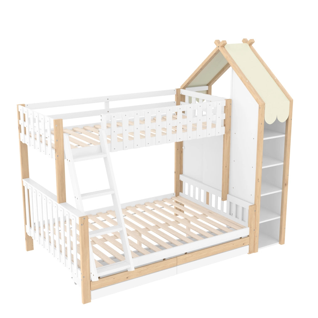 Letto a Castello 140x200 cm e 90x200 cm; 2 Schubladen; Mensole; in Legno; Bianco Naturale