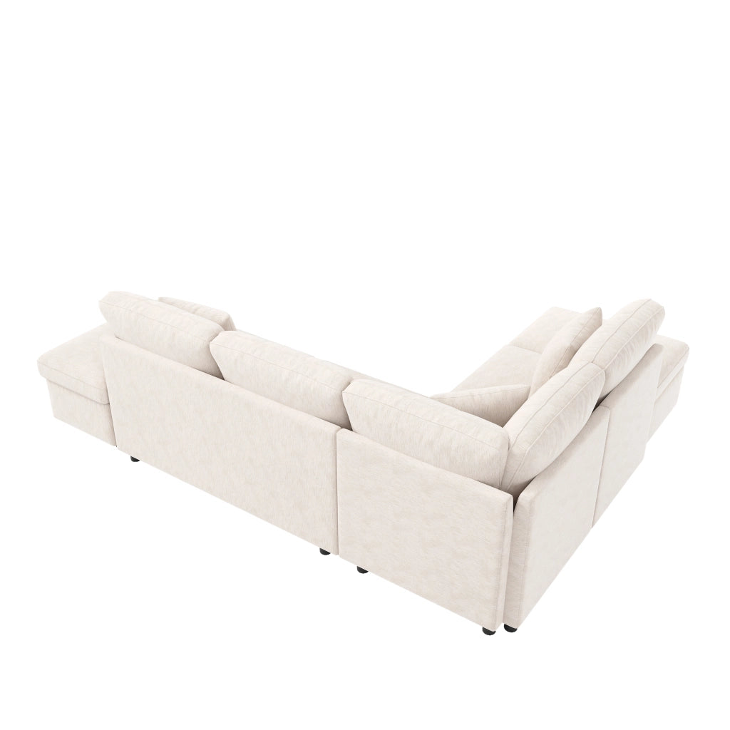 Divano angolare modulare con letto estraibile, poggiapiedi contenitore e porte USB e Type-C in ciniglia beige