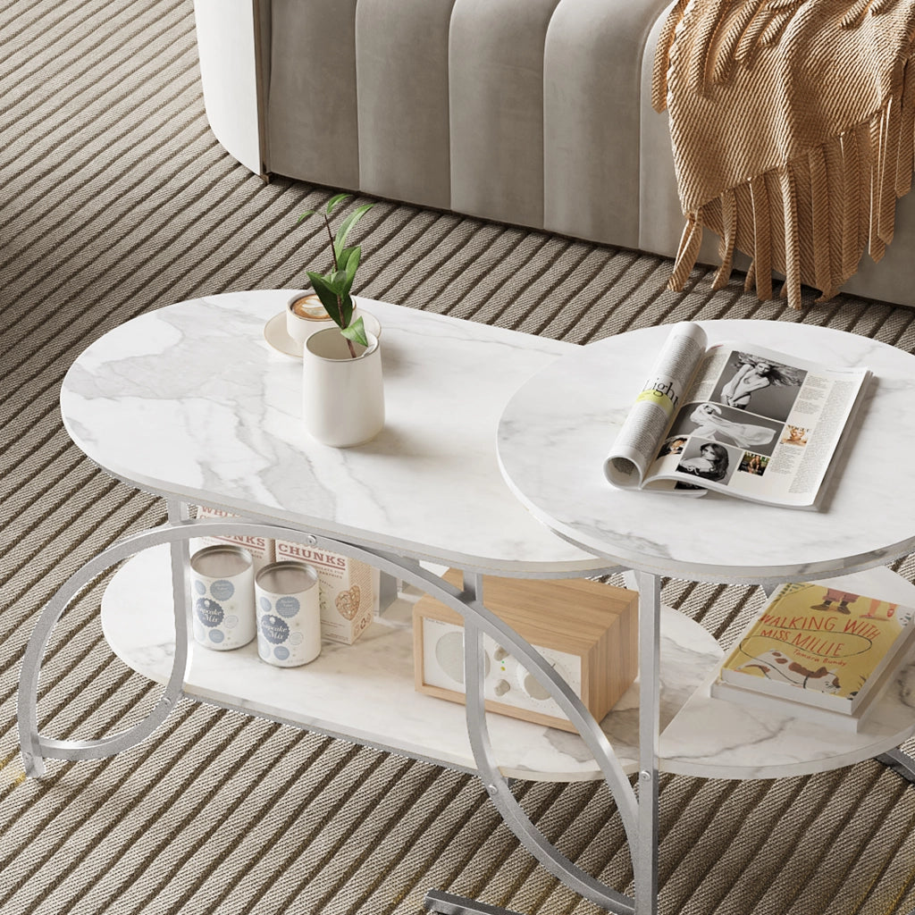 Tavolini da salotto set 2 pezzi 80x46x45 cm con contenitore pieghevoli da divano effetto marmo metallo - argento