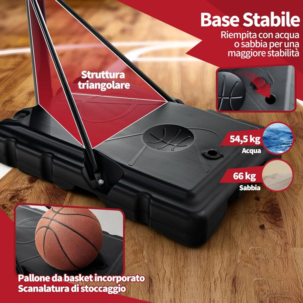 Canestro da Basket Portatile per Adulti, Canestro Basket Regolabile in Altezza 1,3M-3,05M con Ruote Tabellone Infrangibile e Retina Durevole, Adatto a Interno Esterno, Nero