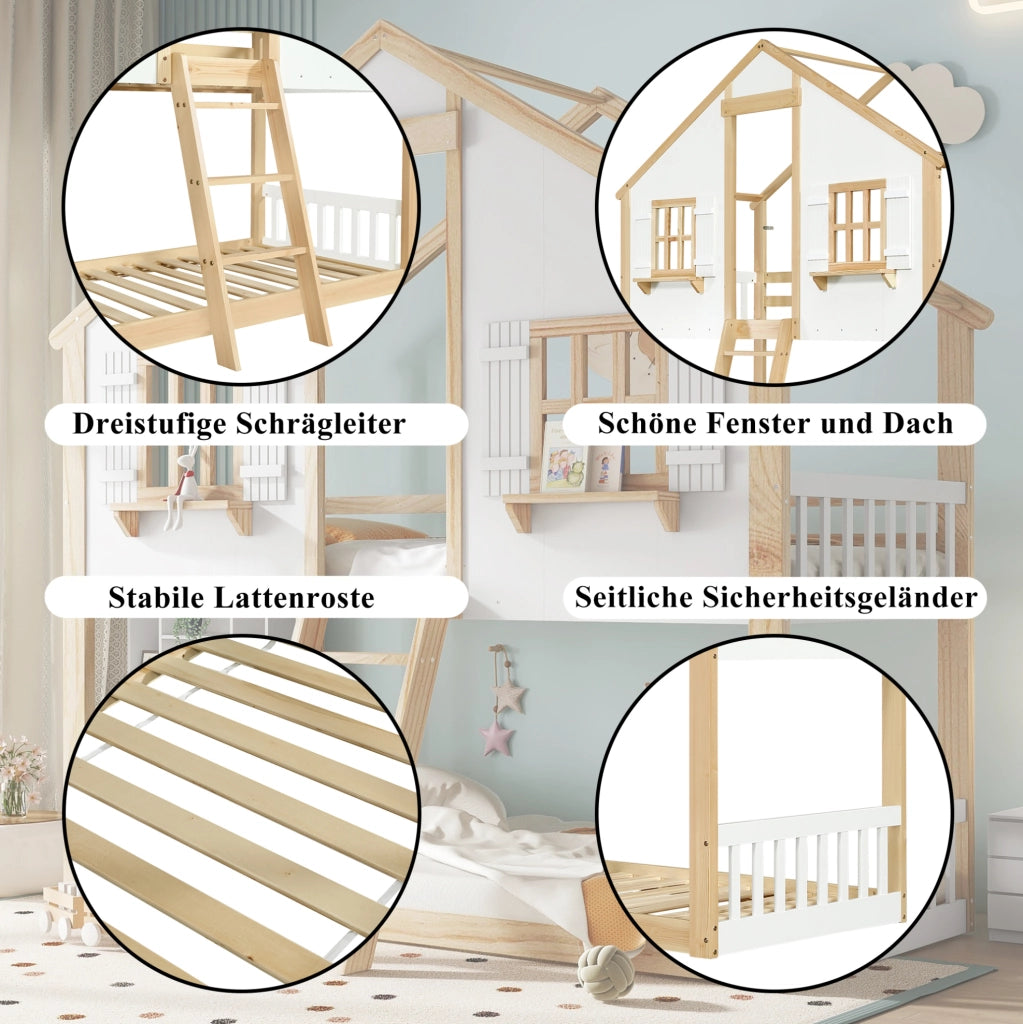 Letto a castello per bambini con tetto e finestre 90x200 cm