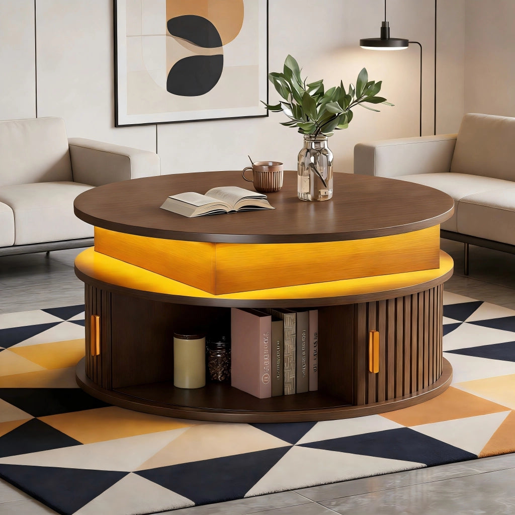 TAVOLO CENTRO rotondo 75 cm regolabile in altezza con LED, MDF color noce