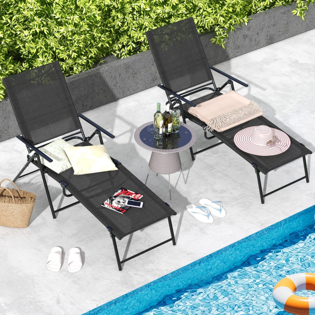 Sedie a sdraio pieghevoli per giardino, Set di 2 sedie reclinabili da esterno con schienale a 6 livelli Nero