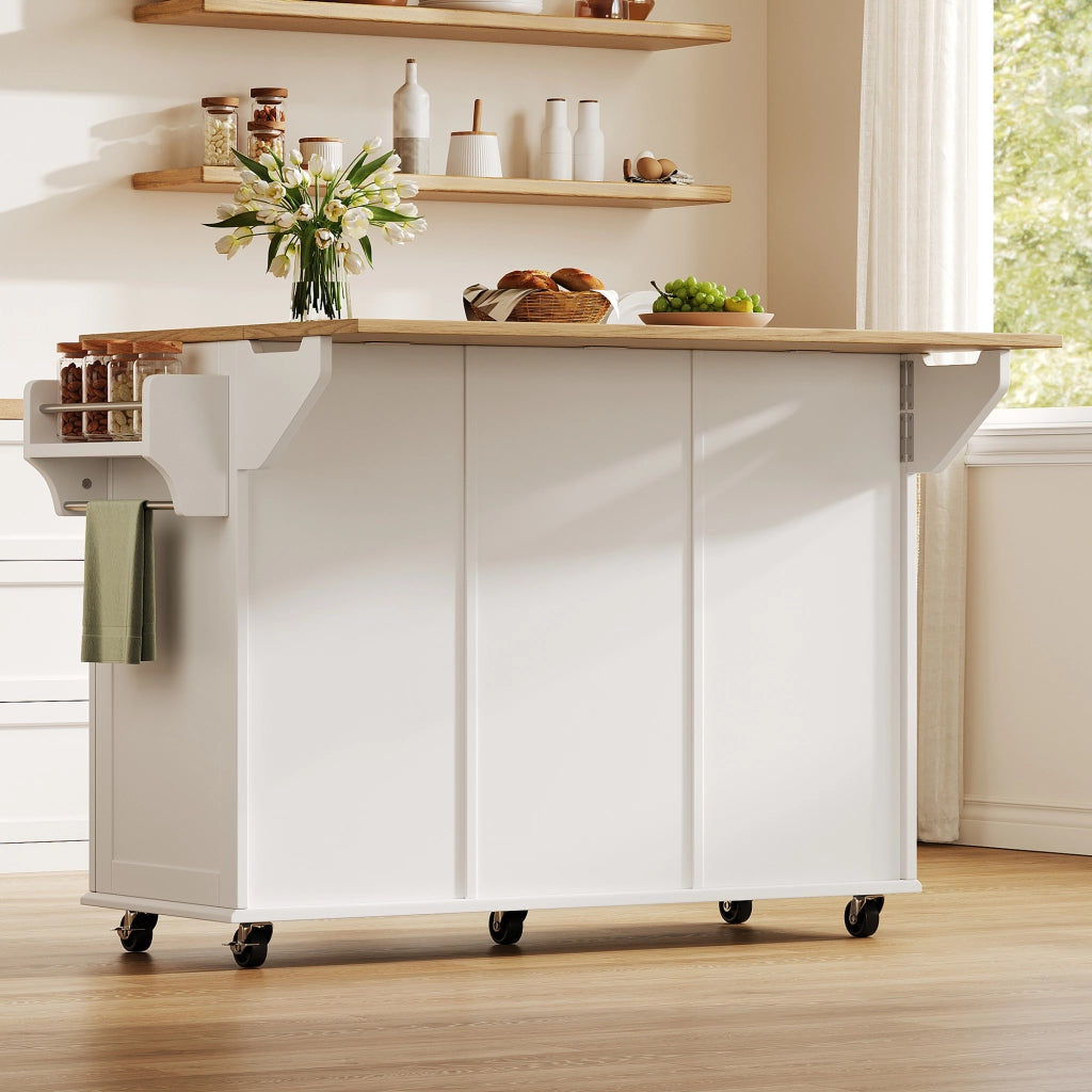 Isola cucina con 2 cassetti; 2 ante; vani aperti e piano ribaltabile su ruote per cucina e sala da pranzo; 143×45×89.5 cm