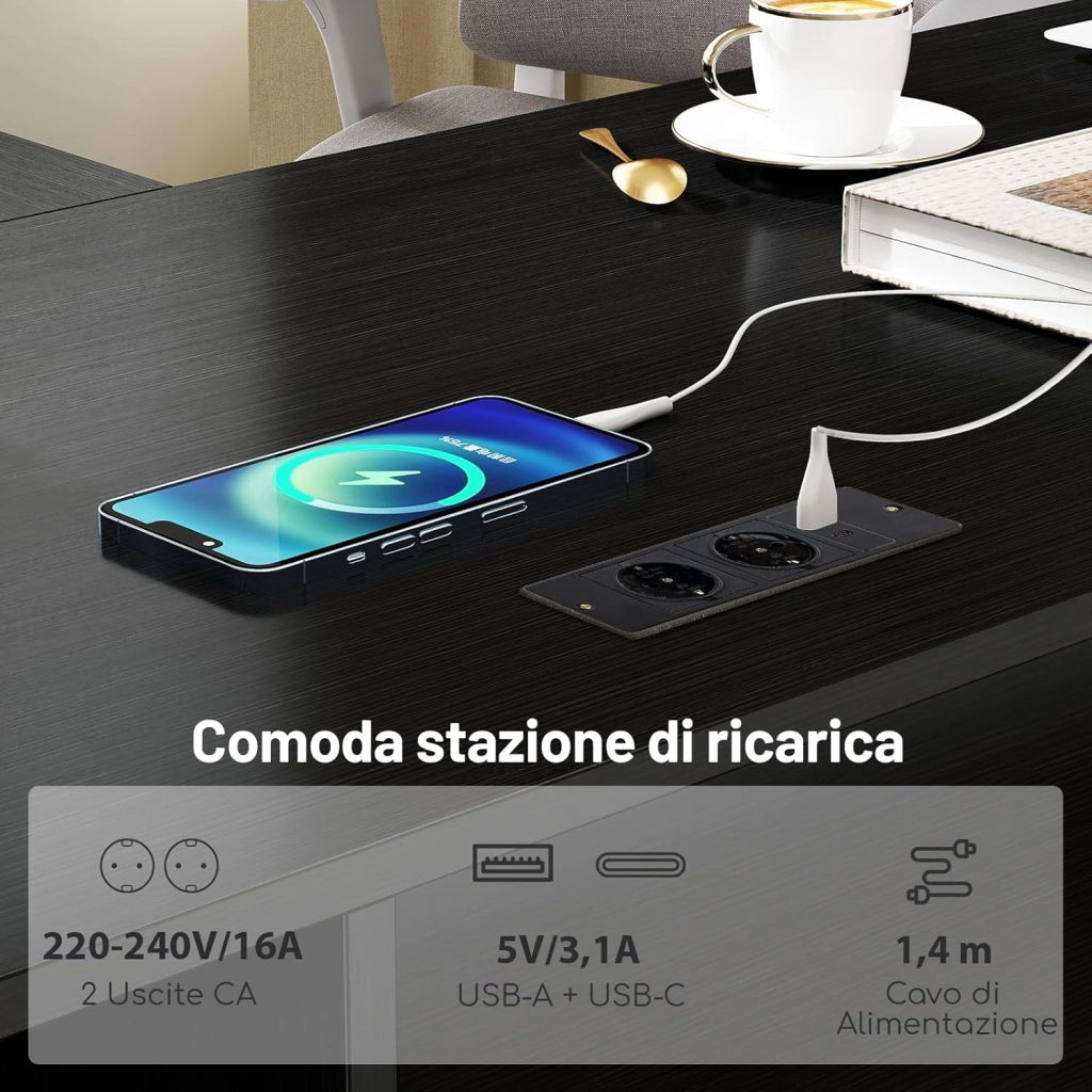 Scrivania Angolare con Prese di Corrente, Scrivania ad Angolo Moderna con 2 Cassetti, Armadio, Mensola Regolabile e Vassoio per Tastiera, Ideale per Gaming, Lavoro e Scrittura (Nero)