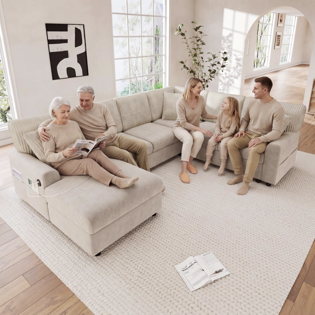 Divano panoramico a U moderno con chaise longue, 3 cuscini, porte USB e Type-C, in ciniglia e corduroy beige