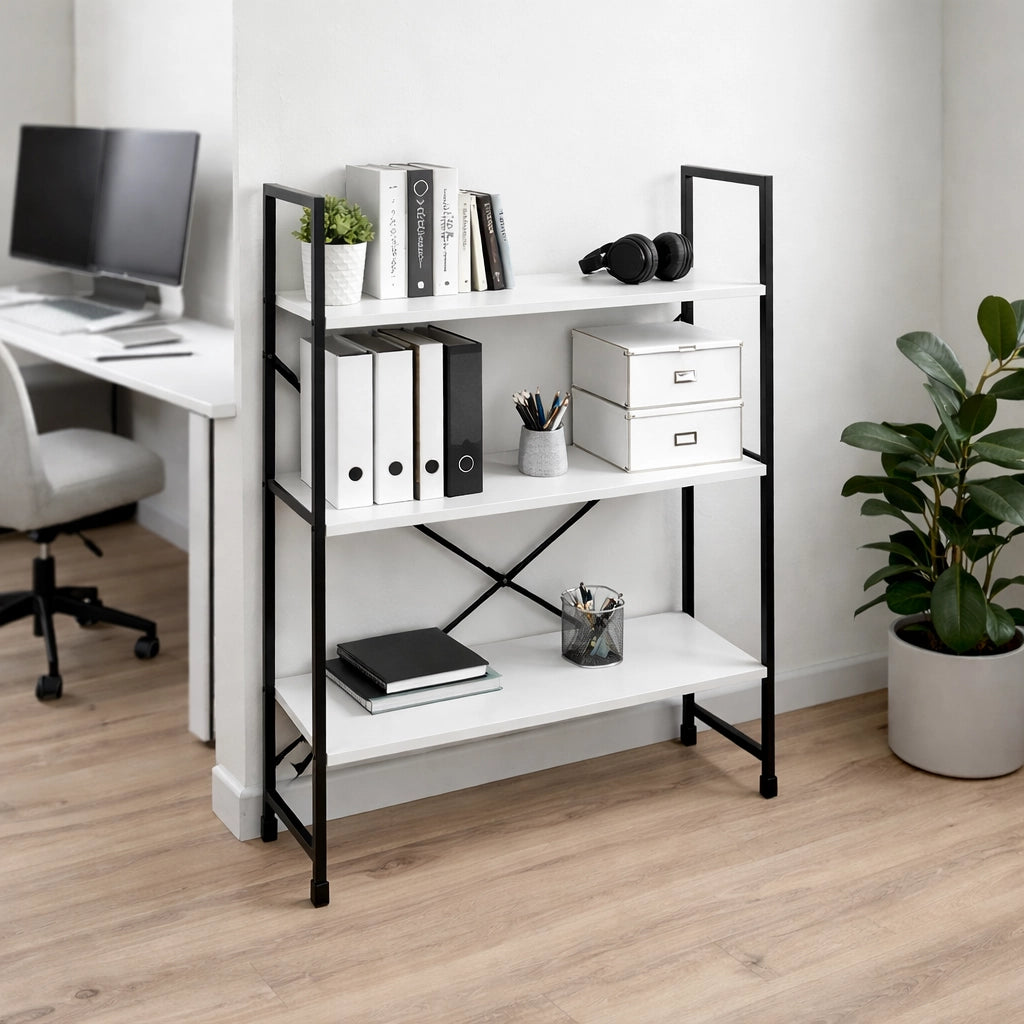 Mobile Scaffale Industrial 3 Ripiani Metallo Nero Legno Mdf Bianco 59x24 H80cm
