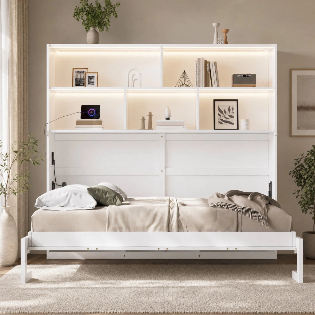 Letto Contenitore 90x200 cm; Letto Singolo - USB; Type-C; Prese; LED; MDF; Bianco