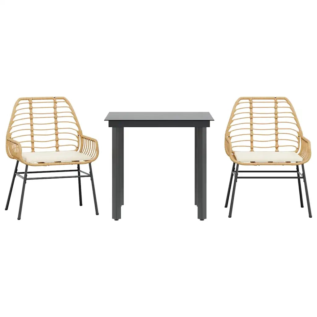 Set da Pranzo da Giardino 3pz con Cuscini Polyrattan Vetro