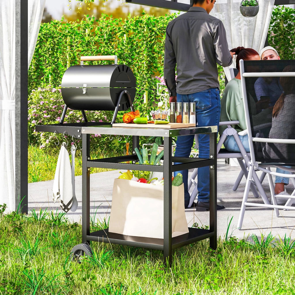 Carrello per Barbecue con Piano in Acciaio e Ripiano Richiudibile, Ruote e Ganci, 91x58x76 cm, Nero