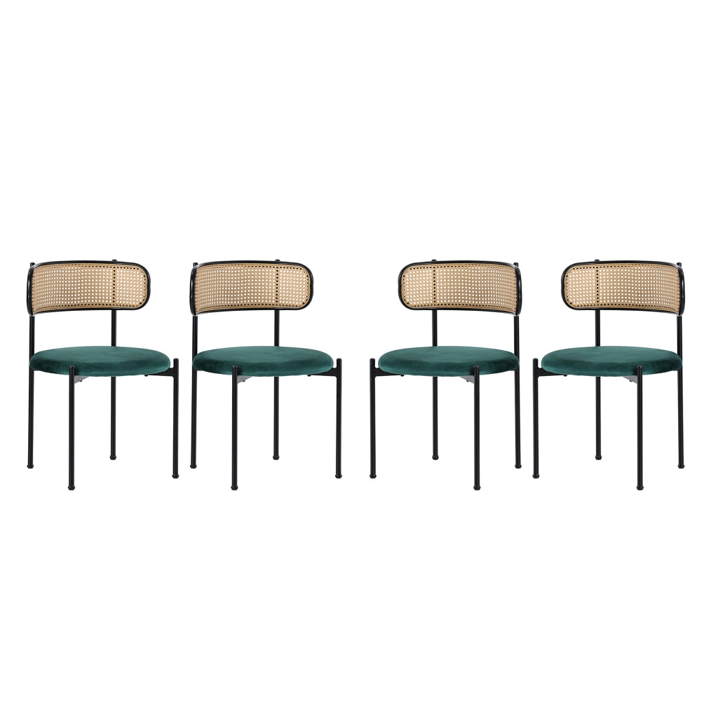 Sedia da pranzo in velluto verde; set 4 pezzi; schienale in rattan e gambe in metallo