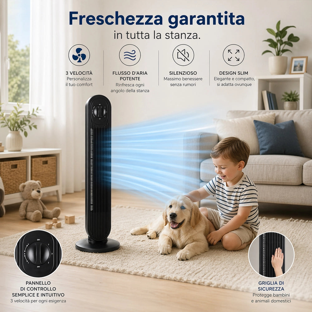 Ventilatore Raffrescatore Verticale a Torre Nero 60 W a 3 Velocità Altezza 79 cm