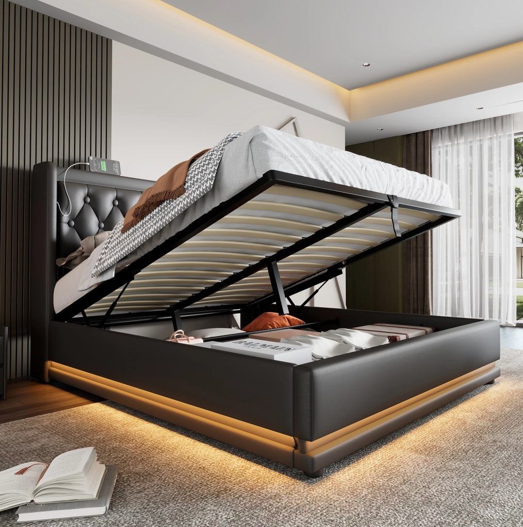 Letto matrimoniale 140x200 cm contenitore LED USB-C nero