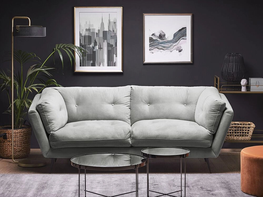 Divano gambe in metallo velluto grigio 210 x 90 cm con cuscini retrò