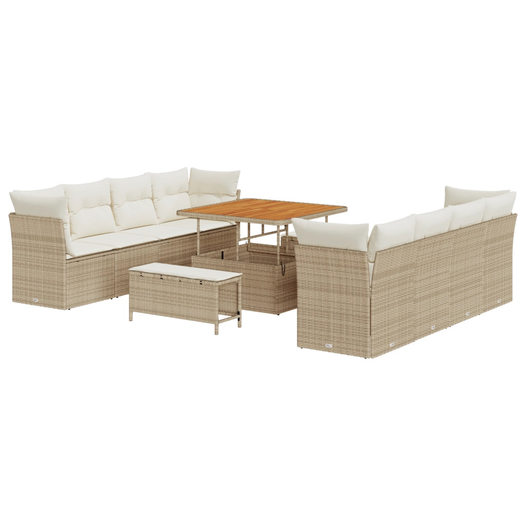 Set Divano Giardino  11 Pezzi con Cuscini Beige in Rattan Poliestere Acacia