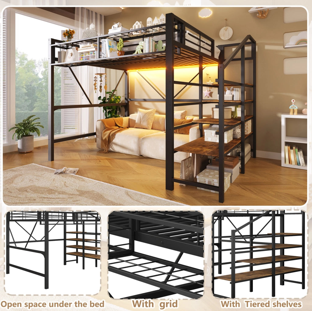 Letto a soppalco ULEVR 140x200 cm con LED dimmerabile, scala con ripiani e vano aperto, nero