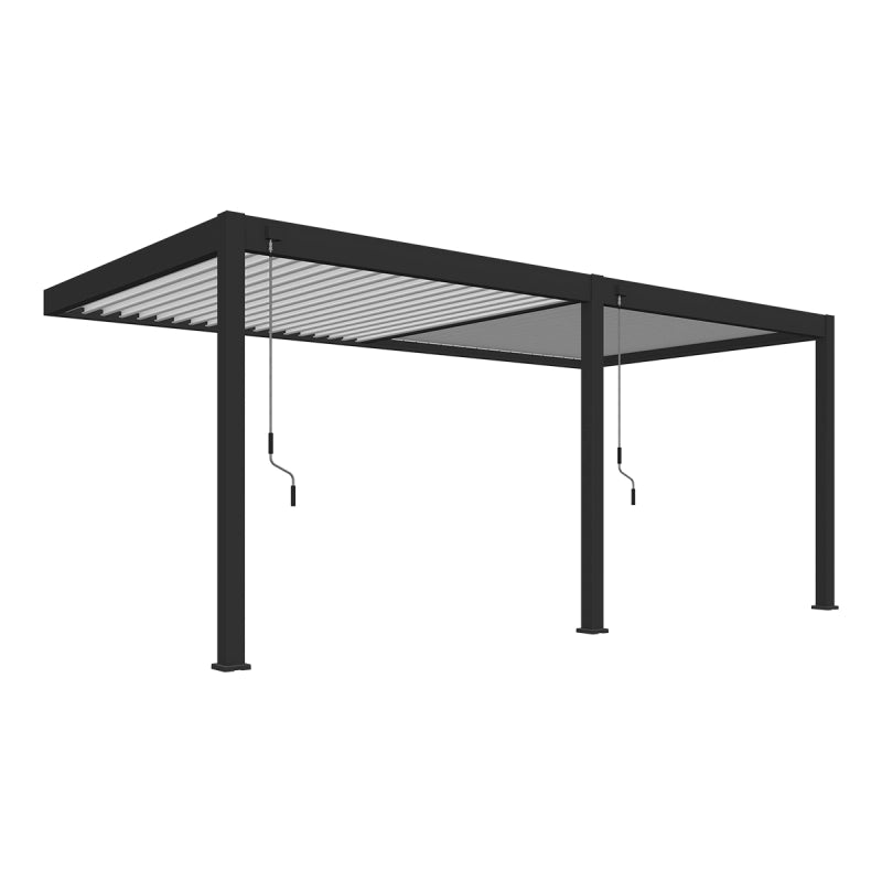 Pergola bioclimatica OmbrÃ©a adossata VS - 3x6M bicolore + 2 tende bianche