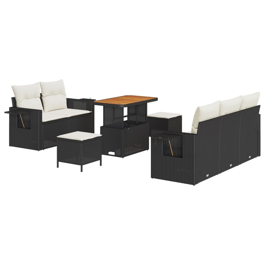 Set Divano da Giardino  8 Pezzi con Cuscini Neri Polyrattan Acacia