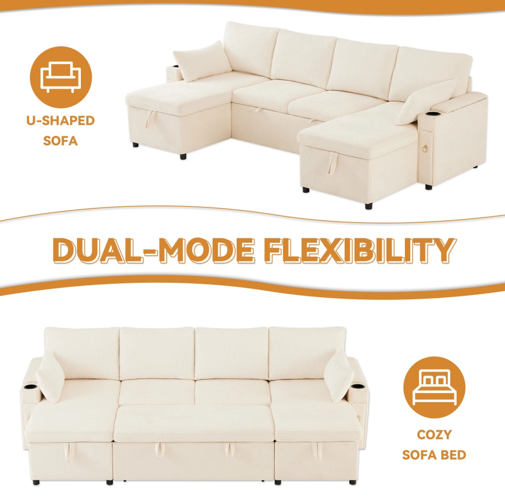DIVANO LETTO modulare a U 272x131x84 cm Beige in Chenille e Corduroy