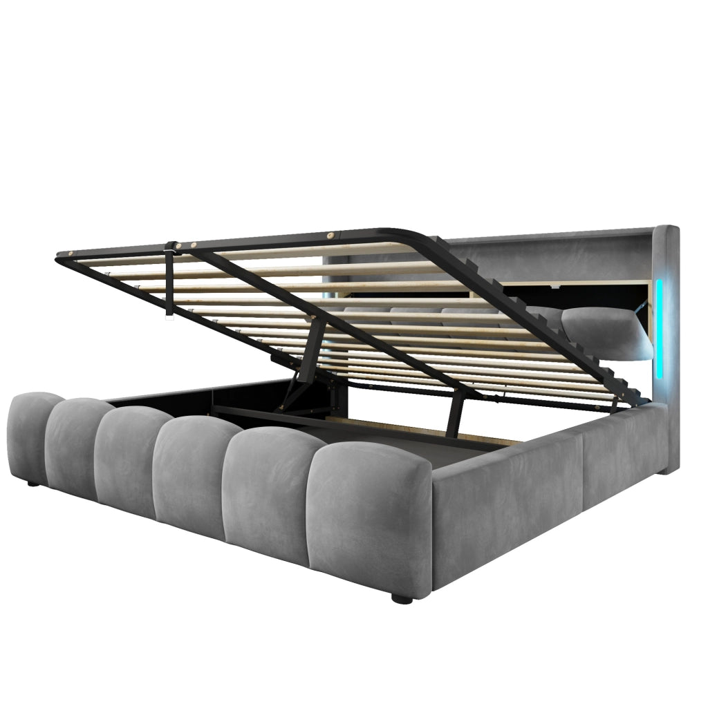 Letto contenitore 180x200 cm in velluto con LED, USB e testiera con vano