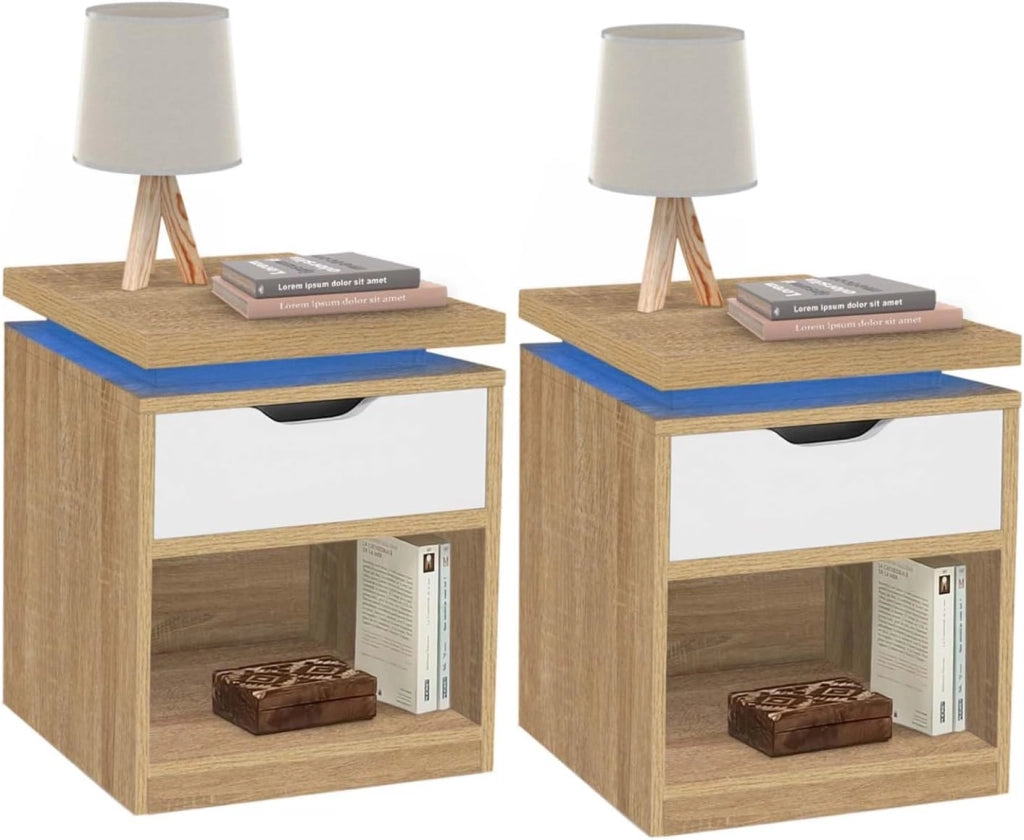 Set di 2 comodini LED Luna a 1 cassetto con nicchia in faggio e Bianco
