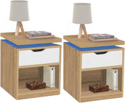 Set di 2 comodini LED Luna a 1 cassetto con nicchia in faggio e Bianco