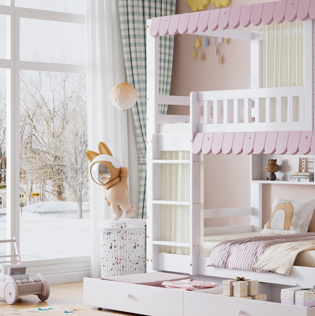 Letto a castello 90x200 cm con cassetti e ripiani in pino e MDF bianco e rosa