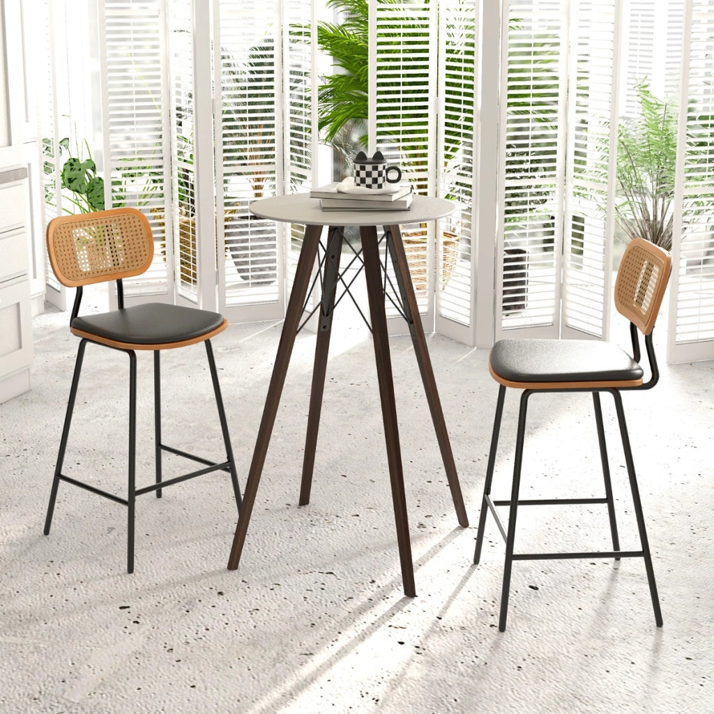 Set di 2 Sgabelli da bar con schienale in rattan gambe in metallo, Sgabelli da bar in ecopelle portata 140kg Nero-Sgabelli da bar