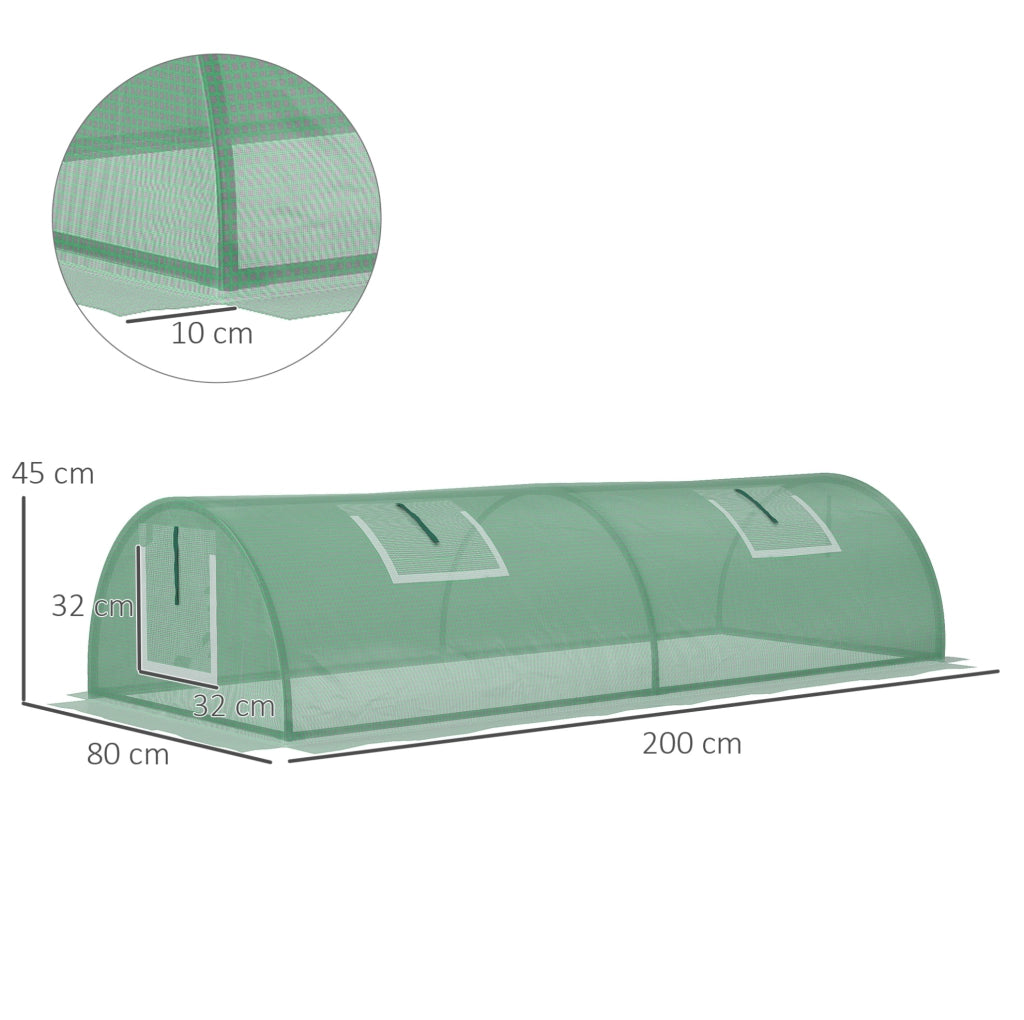 Mini serra tunnel verde con 4 finestre in rete 200x80x45 cm