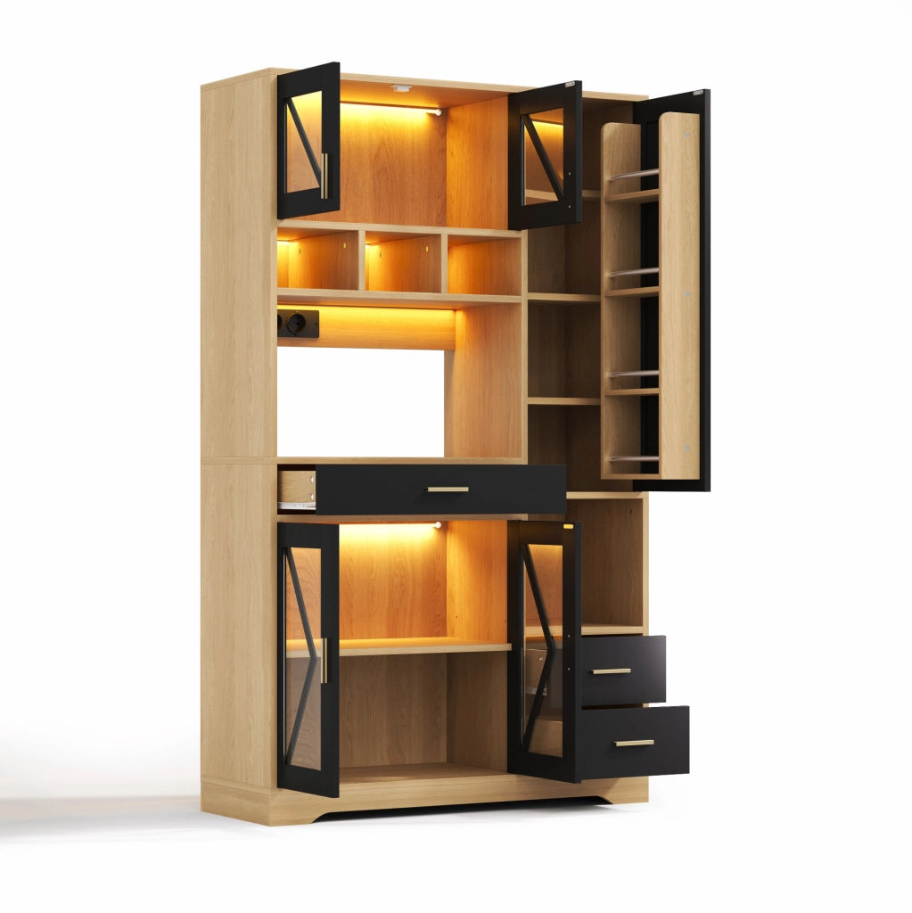 Credenza buffet in MDF 105x40x185 cm; stile vintage; con LED RGB; prese USB e porte in vetro